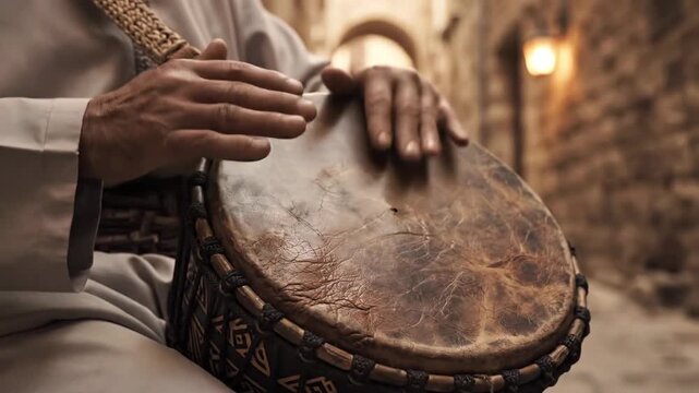Close-up of Musician Hands Playing Traditional Leather Hand Drum in Ancient Stone Alleyway