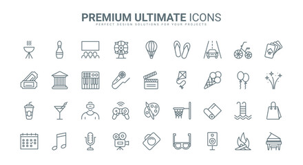 Entertainment and leisure thin line icons set vector illustration. Outline microphone and camera, movie clapboard and cinema theater, controller and gadget to play virtual game, museum tickets © lembergvector