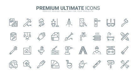 Home repair and renovation thin line icons set vector illustration. Outline diy tools for building improvement and construction, maintenance work of builders, handyman and engineer equipment
