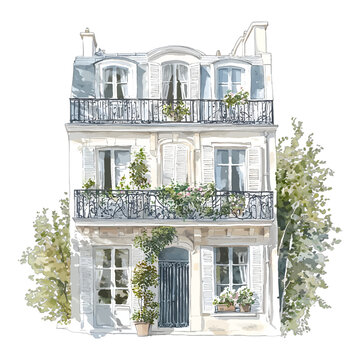 Watercolor Parisian Apartment Building with Wrought Iron Balconies and Flowers
