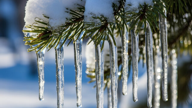 Icicles hanging from snow covered pine tree branch