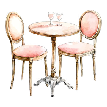 Watercolor French Cafe Bistro Table and Chairs with Wine Glasses
