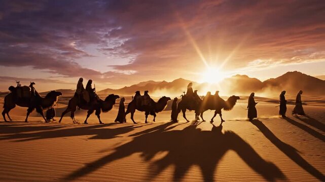 Cinematic silhouette of a camel caravan crossing desert sand dunes at sunset with mountains background