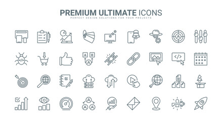 SEO, online business technology thin line icons set vector illustration. Outline social media campaign for audience and support, creative idea content and communication, digital marketing process