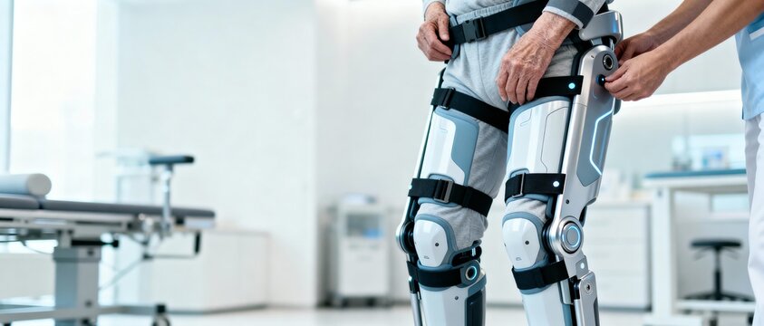 A healthcare professional assists a patient with a robotic exoskeleton for leg rehabilitation in a medical facility.