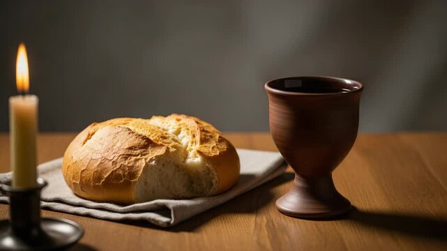 A priest's hand blessing bread and wine for holy communion. The Eucharist ceremony representing the Last Supper of Christ. Religious ritual by candlelight