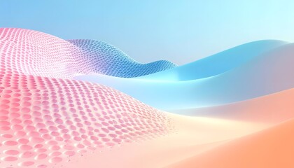 Colorful abstract digital landscape with soft pastel gradients and mesh grid pattern.