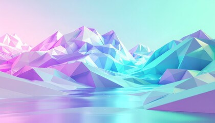Colorful Low Poly Geometric Mountains with Reflective Water and Pastel Gradient Sky.