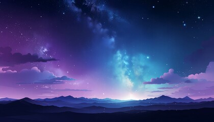 Colorful night sky filled with stars and mountains horizon.