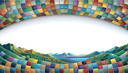 Colorful patchwork flags framing mountain landscape scene.