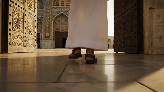 Low Angle Close Up of Arab Man Feet in Sandals Walking into Historic Mosque Courtyard