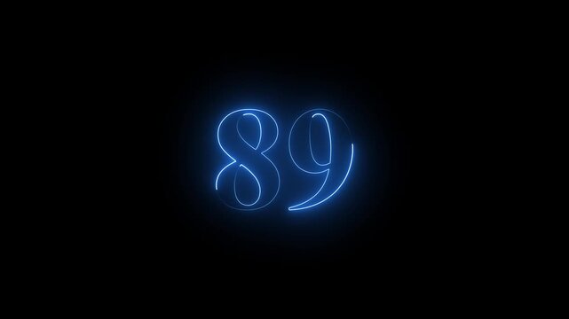 89 number neon text animation on black background. Glowing neon number 89.with vibrant colors pulsating and creating a dynamic, eye-catching visual effect.