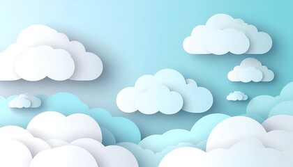 Paper cut style fluffy clouds in blue sky minimalist background.