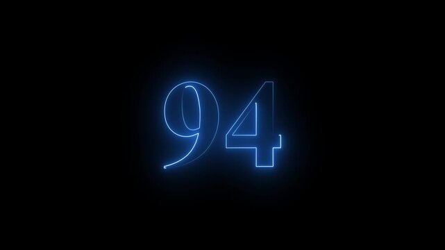 94 number neon text animation on black background. Glowing neon number 94.with vibrant colors pulsating and creating a dynamic, eye-catching visual effect.