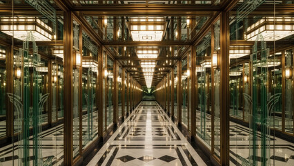 Luxurious hallway with mirrored walls and ornate lighting