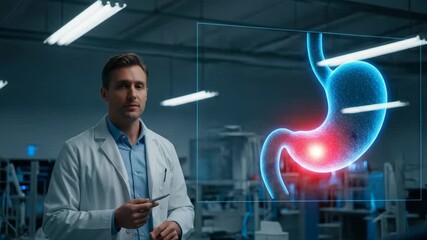 A male doctor explains a stomach condition using a futuristic holographic display. A medical professional analyzes a 3d model of a human organ with augmented reality. Advanced healthcare technology - Powered by Adobe