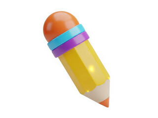 A bright yellow 3d render of a pencil with a colorful eraser and tip