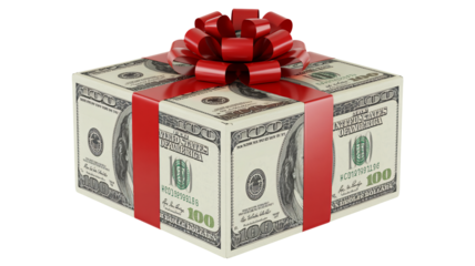 Gift Box Wrapped in Hundred Dollar Bills with Red Ribbon