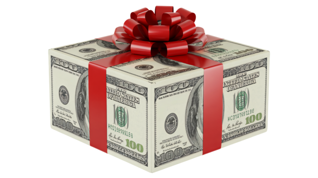 Gift Box Wrapped in Hundred Dollar Bills with Red Ribbon - Powered by Adobe