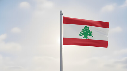 The national flag of Lebanon proudly waves on a flagpole against a bright, cloudy sky, featuring its iconic green cedar tree.