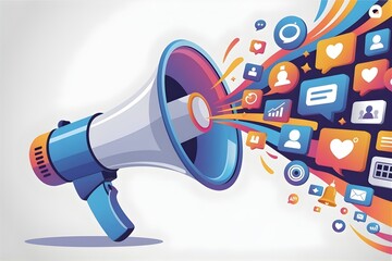 Amplifying digital marketing and social media engagement with a colorful megaphone broadcast