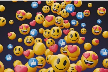 A vibrant collection of 3d social media emojis and reactions floating against a dark background