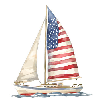 Watercolor American Flag Sailboat Yacht Nautical Vector Clipart
