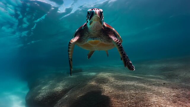Green sea turtle gliding through turquoise ocean with patterned shell and flippers, illuminated by dappled sunlight over rocky seabed, evoking a peaceful underwater wildlife scene