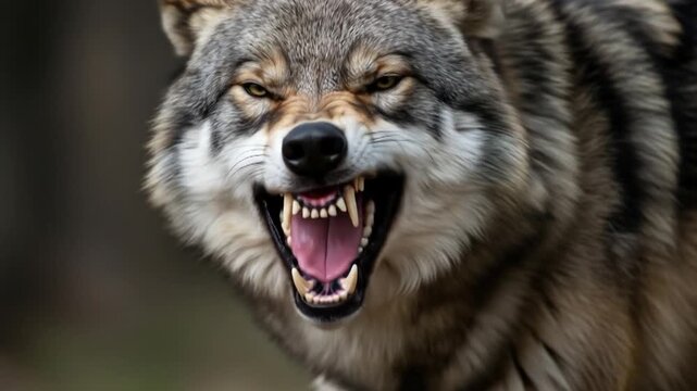 Close-up of an Angry Wolf Showing Its Teeth.