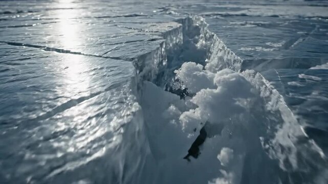 Close up of frozen water surface with cracks ice shards and textured patterns