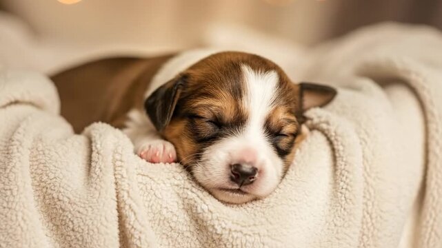 Adorable puppy at rest in cozy blanket basket under warm lights