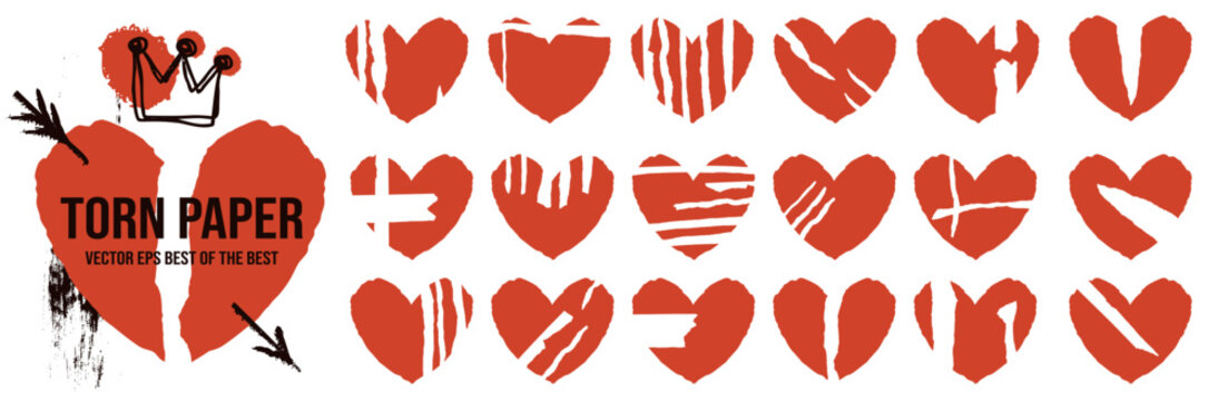 Torn red heart set with paper cuts for valentine day collage and frame.