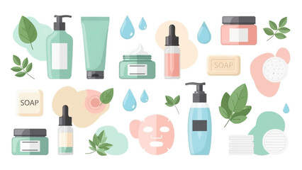 Skincare Icons with Water Drops and Leaves