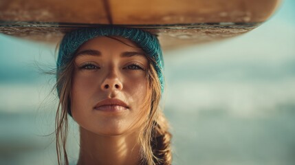 A young woman stands on a beach with a surfboard resting on her head. She gazes at the ocean dressed in casual clothes. Waves crash in the background under a clear sky.