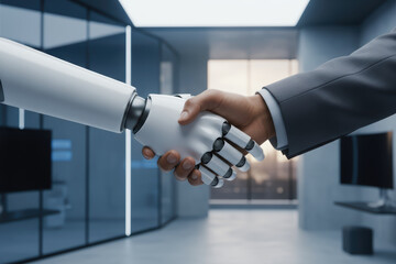 Robotic and human hand handshake in a modern office
