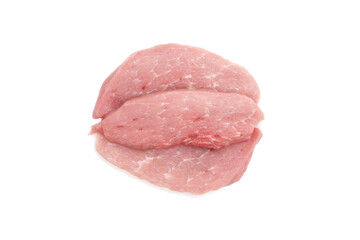 Three pieces of raw pork fillet isolated on white background. Juicy meat loins for cooking steaks. Top view.