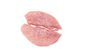 Two pieces of raw pork fillet isolated on white background. Juicy meat loins for cooking steaks. Top view.