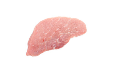 Piece of raw pork loin isolated on white background. Juicy meat fillet for cooking steaks. Close-up.Top view.