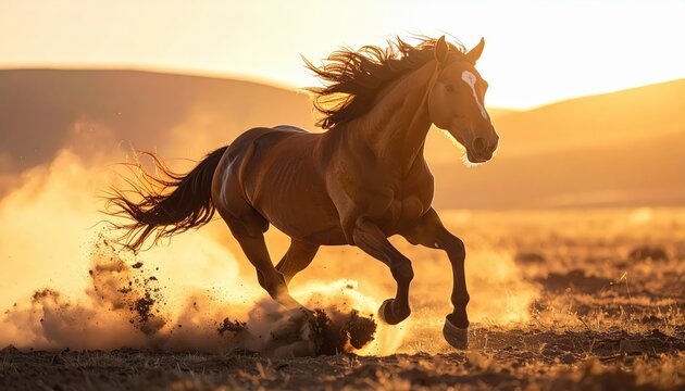 Running Brown Horse In Golden Sunlight Outdoor Landscape With Dust And Mountains Wild Mustang Animal In Motion Equestrian Power And Freedom Concept