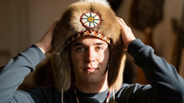Young man wearing traditional fur hat with intricate beadwork and cultural symbolism. Detailed traditional fur hat features natural fur trim and embroidered rosette, representing heritage.
