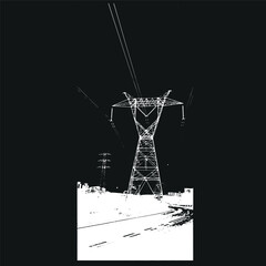 Electric poles, high-voltage power towers, and transmission lines.