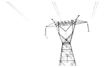 Electric poles, high-voltage power towers, and transmission lines.