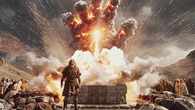 Ancient Religious Ceremony with Divine Intervention - A scene depicts a biblical figure standing before an altar, with a large crowd prostrating themselves nearby.