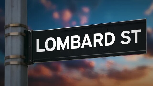 Sunset illuminates Lombard Street sign amid urban surroundings