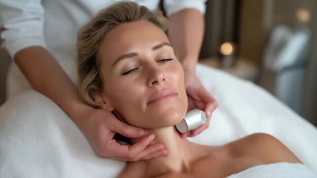 A microcurrent facial device gliding across a client&rsquo;s cheek under soft spa lighting as the esthetician explains how stimulation boosts collagen production &mdash; non-invasive rejuvenation, skin-firming