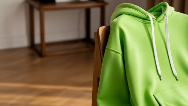 Bright Lime Green Hoodie Hanging on a Wooden Chair Indoors.