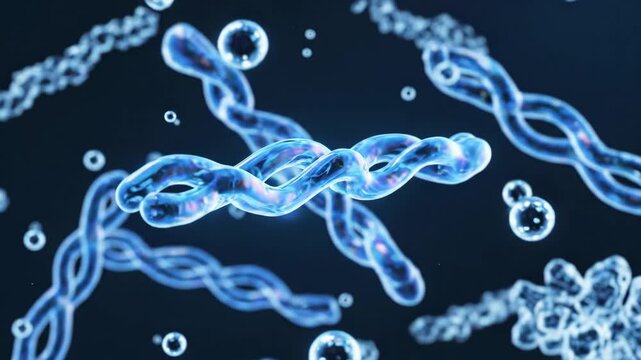 Microscopic View of Bacteria Cells - This video shows a microscopic close-up of bacteria cells. The cells appear as twisting strands and small circular forms against a dark background.