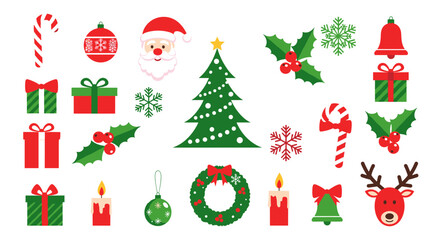 Vibrant collection of Christmas icons including Santa Claus tree holly wreath candles ornaments gifts candy canes snowflakes bells and reindeer in a festive scene.
