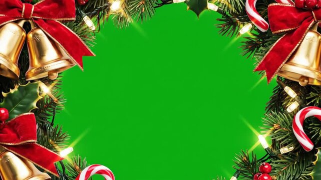 Festive Christmas Green Screen Frame - A vibrant green screen is bordered by festive Christmas decorations including golden bells with red bows, candy canes, holly berries, and pine needles.