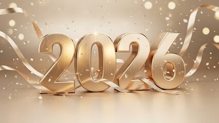 Golden glittery 2026 numbers with ribbon and confetti on light beige background new year